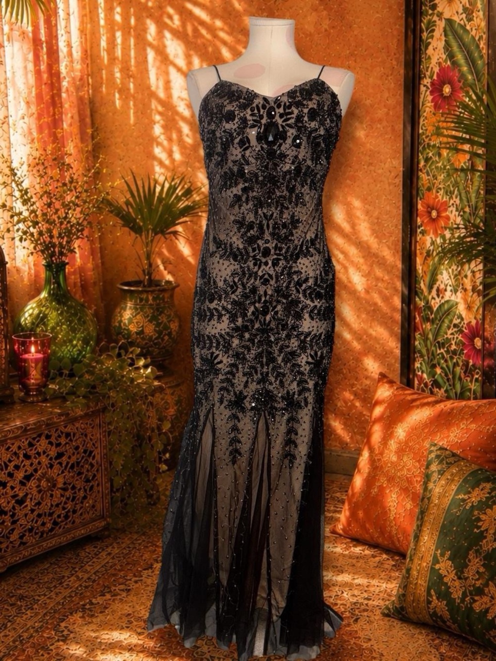 Adrianna Papell Collection Black Beaded Illusion Gown • NWT • Size 4